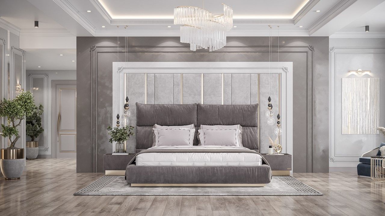 Thiết kế phòng ngủ biệt thự tông xám - trắng với phong cách luxury cao cấp