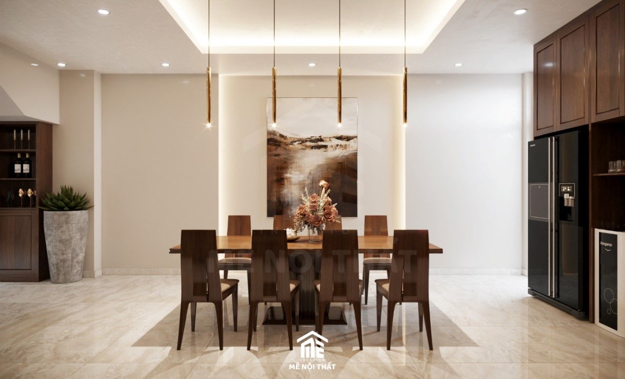 Bộ bàn ăn 8 ghế bằng gỗ tự nhiên trang trí bằng đèn thả sang trọng