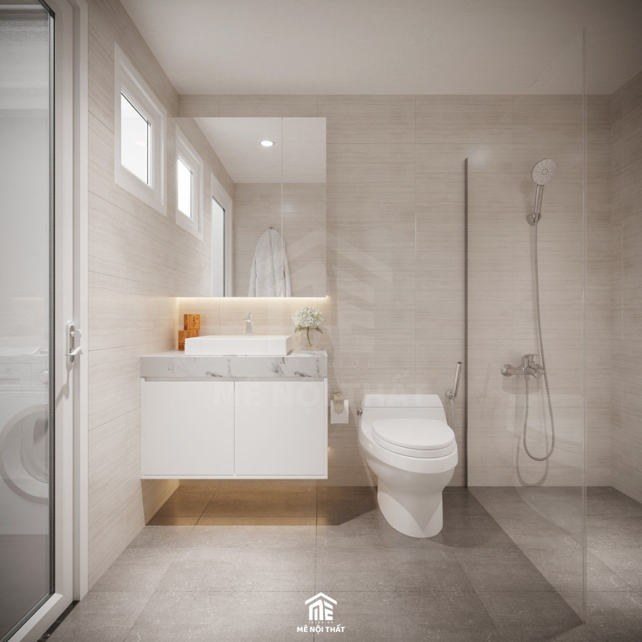 Phòng tắm ốp gạch toàn bộ và sử dụng cửa kính hạn chế ẩm ướt