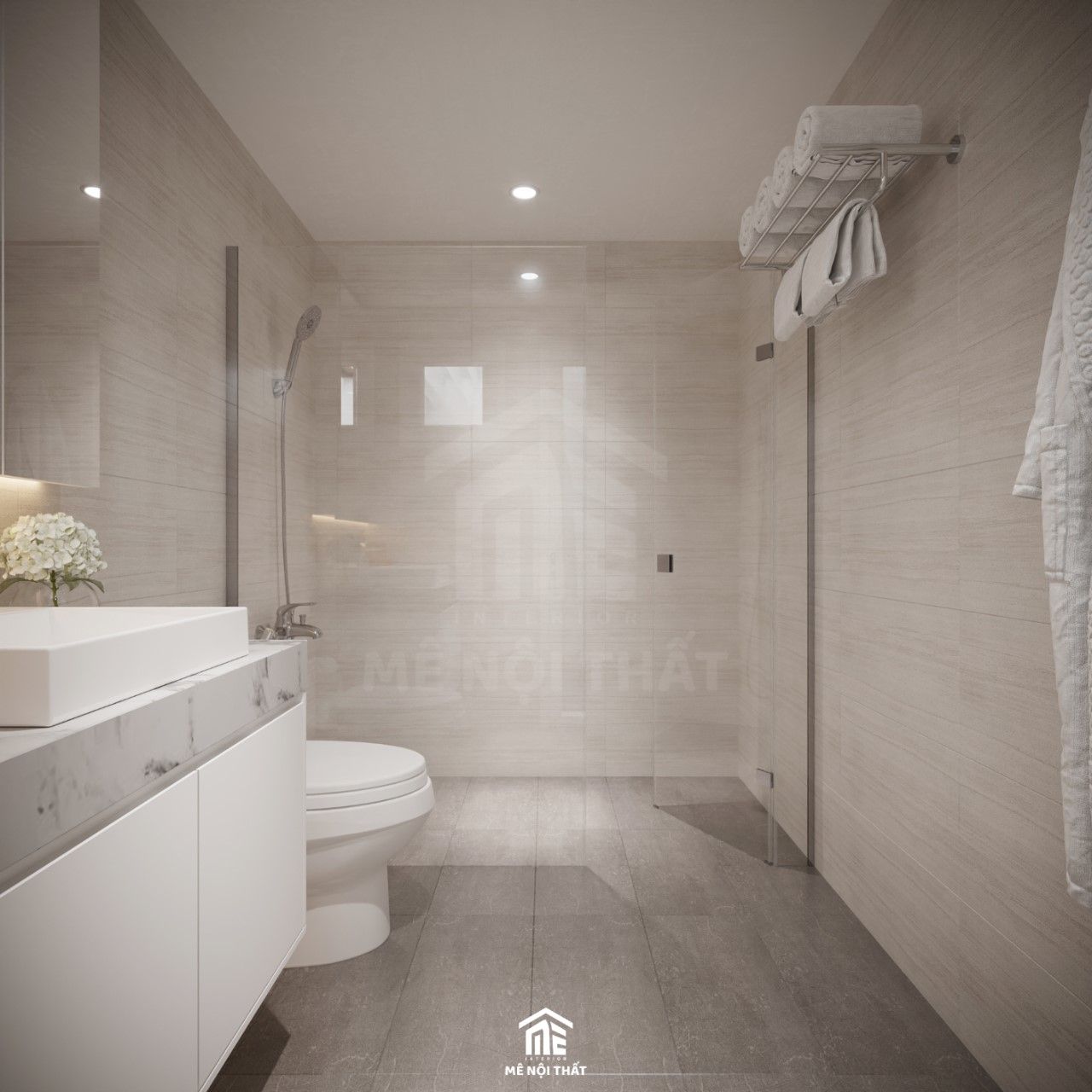 Phòng vệ sinh ốp gạch toàn bộ sử dụng vách kính hạn chế ẩm ướt