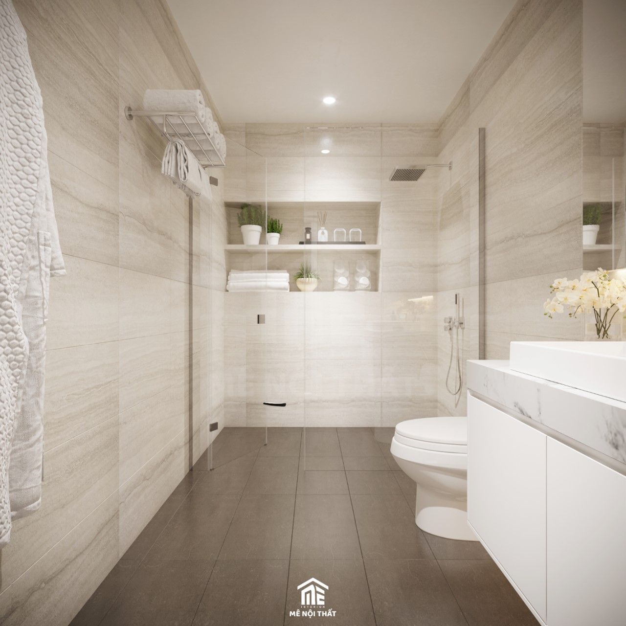 Phòng tắm ốp gạch toàn bộ và sử dụng cửa kính hạn chế ẩm ướt