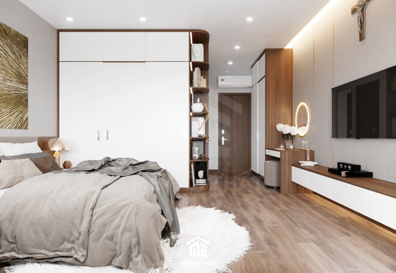 Phòng ngủ master sử dụng nội thất gỗ công nghiệp màu nâu trầm ấm áp