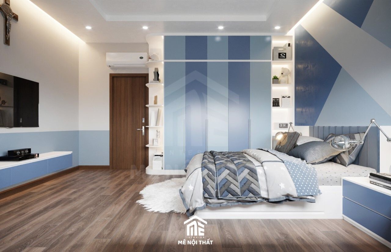 Giường ngủ lớn với tủ quần áo cao đụng trần màu xanh tích hợp cùng kệ trang trí bo góc an toàn