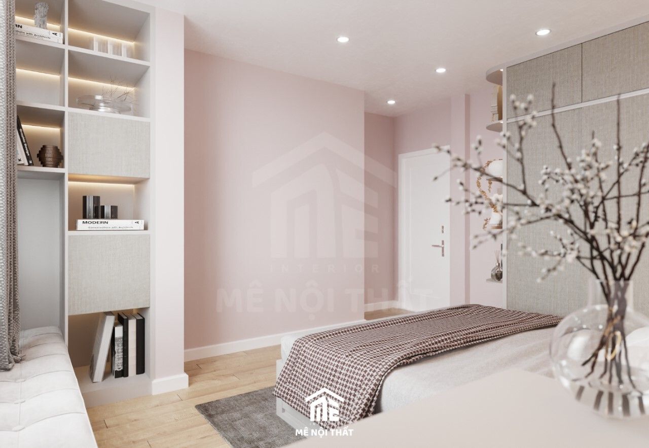 Phòng ngủ màu hồng sử dụng nội thất gỗ công nghiệp
