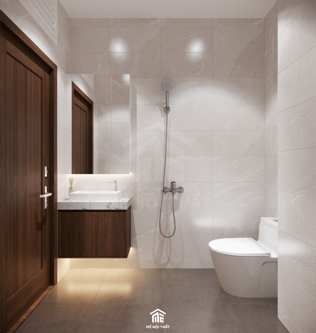 Phòng tắm rộng rãi được ốp gạch toàn bộ tăng sự sạch sẽ