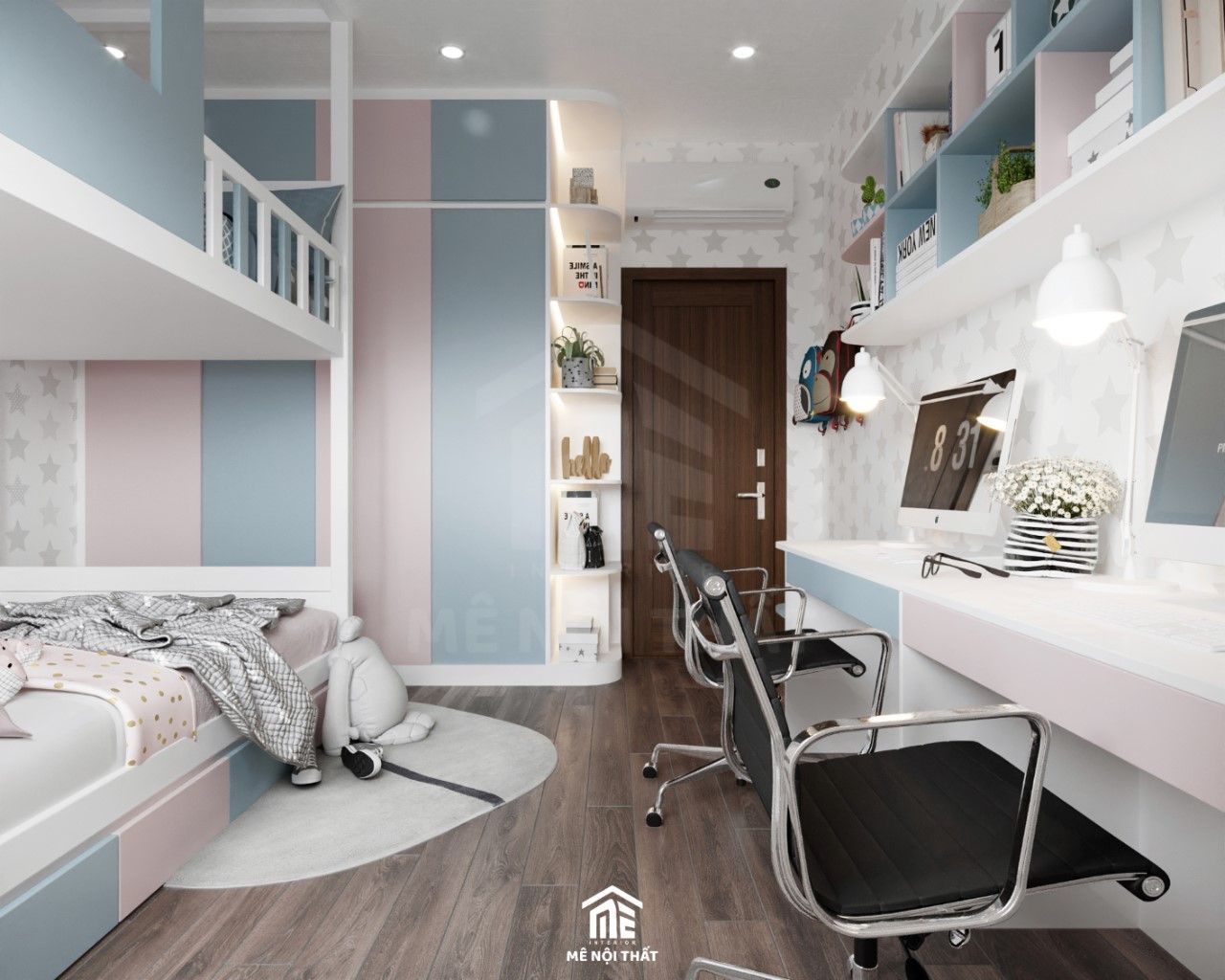 Phòng ngủ bé trang trí bằng giấy dán tường hình ngôi sao độc đáo, được trang nị nội thất đầy đủ với bàn học đôi cho bé tông xanh hồng