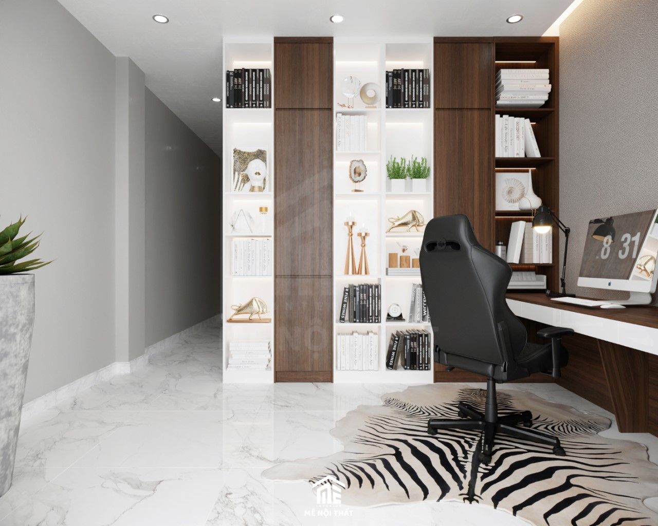Phòng làm việc thiết kế riêng tư, sang trọng với tủ kết hợp kệ sách phối màu gỗ và màu trắng độc đáo