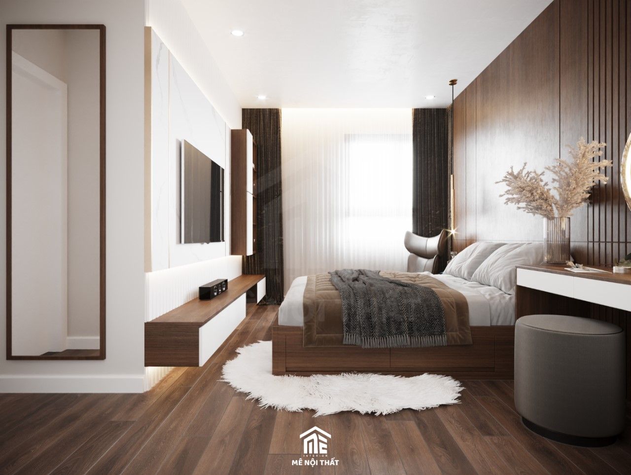 Thiết kế nội thất phòng ngủ master tông nâu - trắng ấm áp và tinh tế