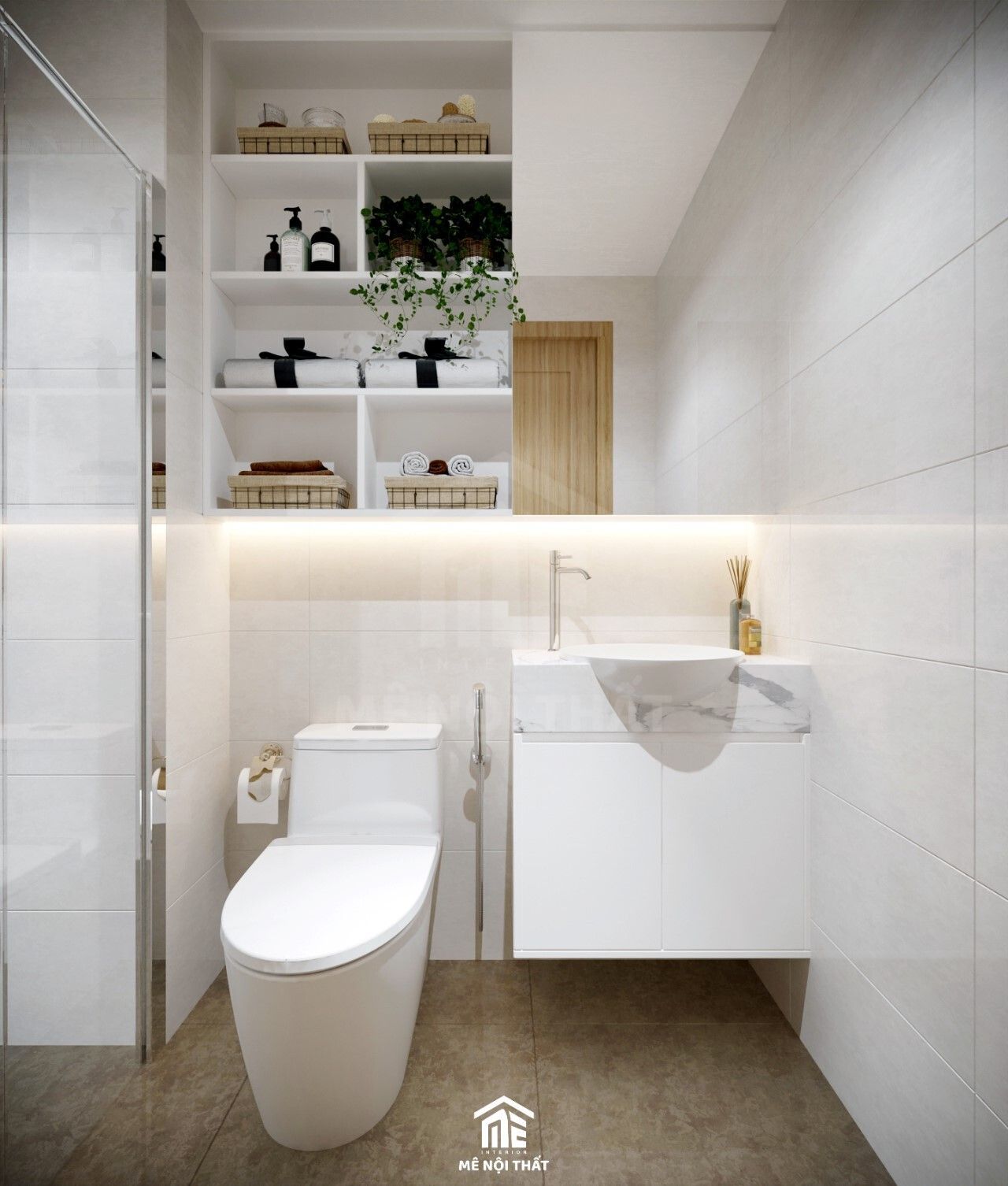 Nhà vệ sinh với tủ lavabo tông trắng sạch sẽ, nhiều ngăn tiện lợi