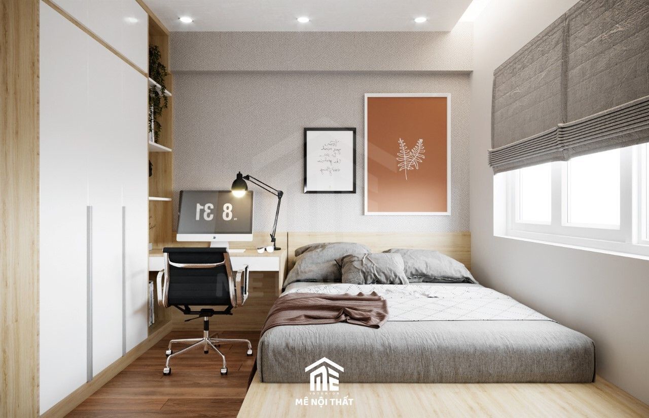 Phòng ngủ nhỏ tông xám tro kết hợp cùng màu nâu gỗ ấn tượng