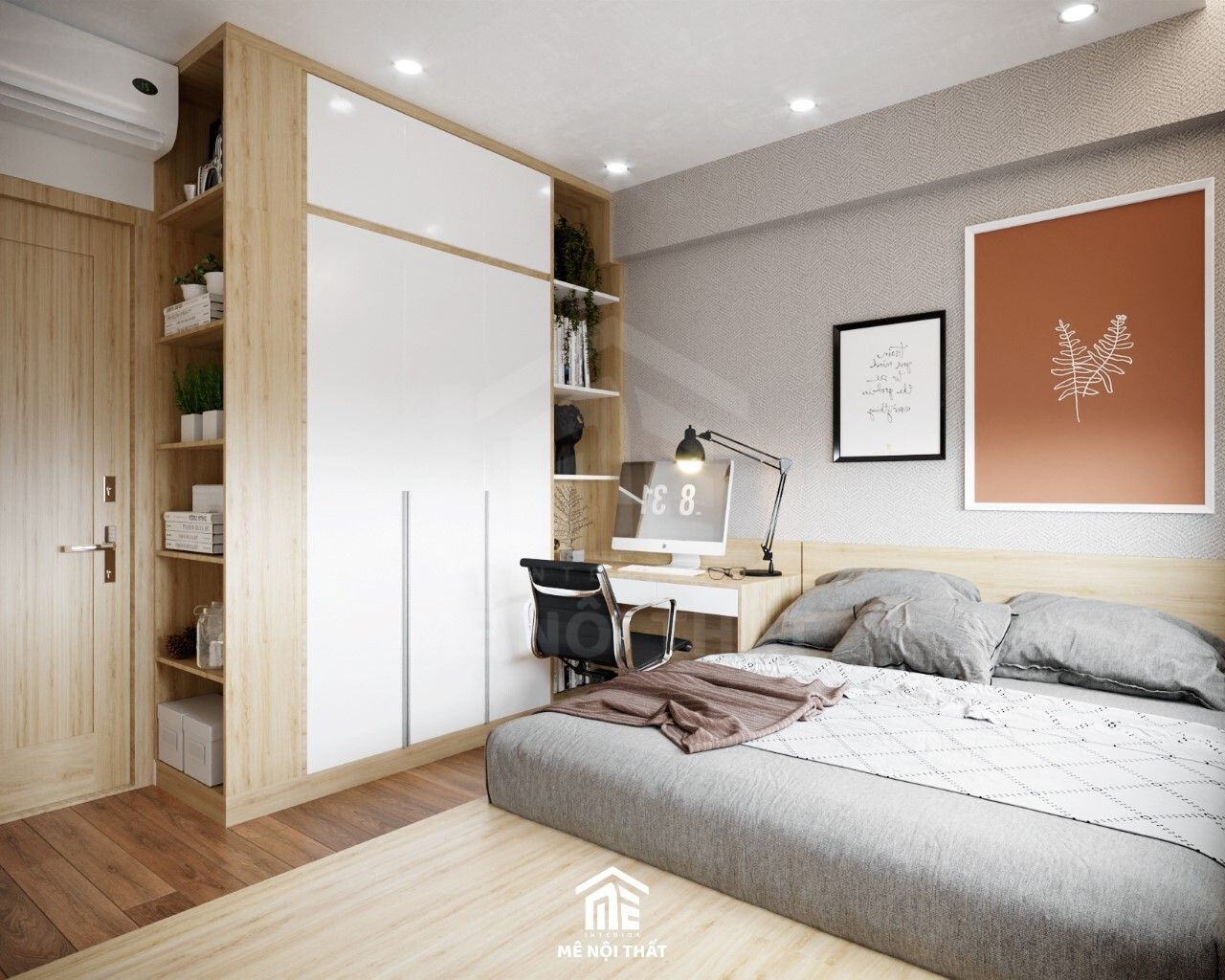 Phòng ngủ nhỏ tông xám tro kết hợp cùng màu nâu gỗ ấn tượng