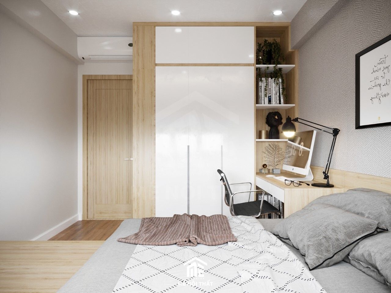 Phòng ngủ nhỏ tông xám tro kết hợp cùng màu nâu gỗ ấm áp và sang trọng