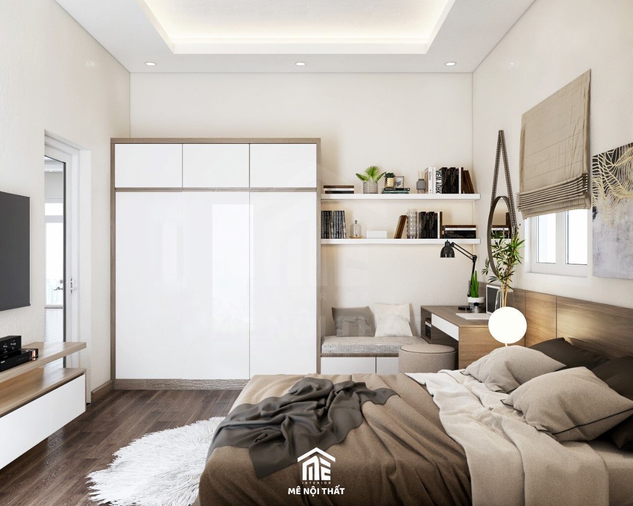 Thiết kế nội thất phòng ngủ nhỏ với tông sáng nhẹ nhàng và tinh tế