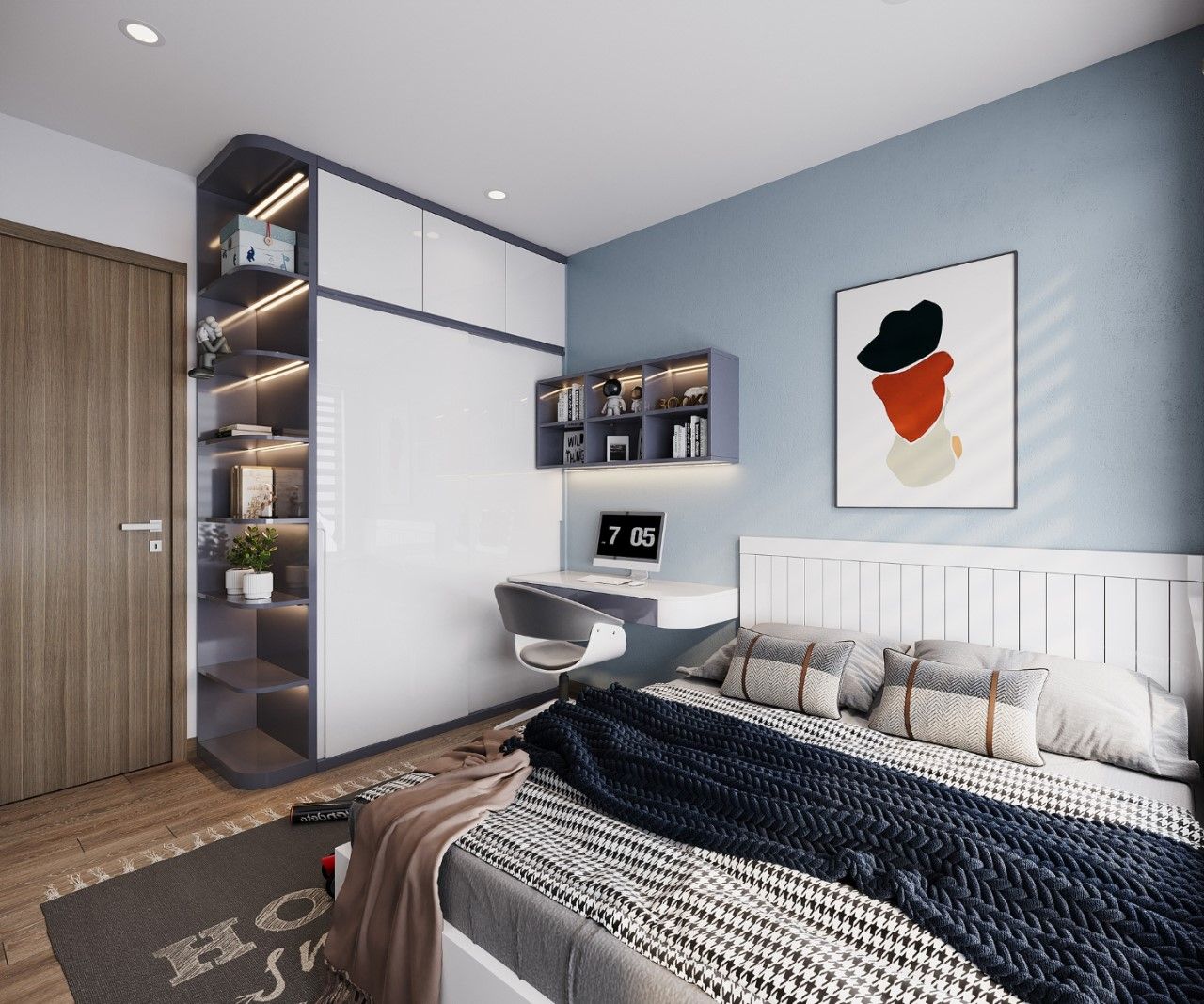 Phòng ngủ tông xanh - trắng hiện đại và ấn tượng