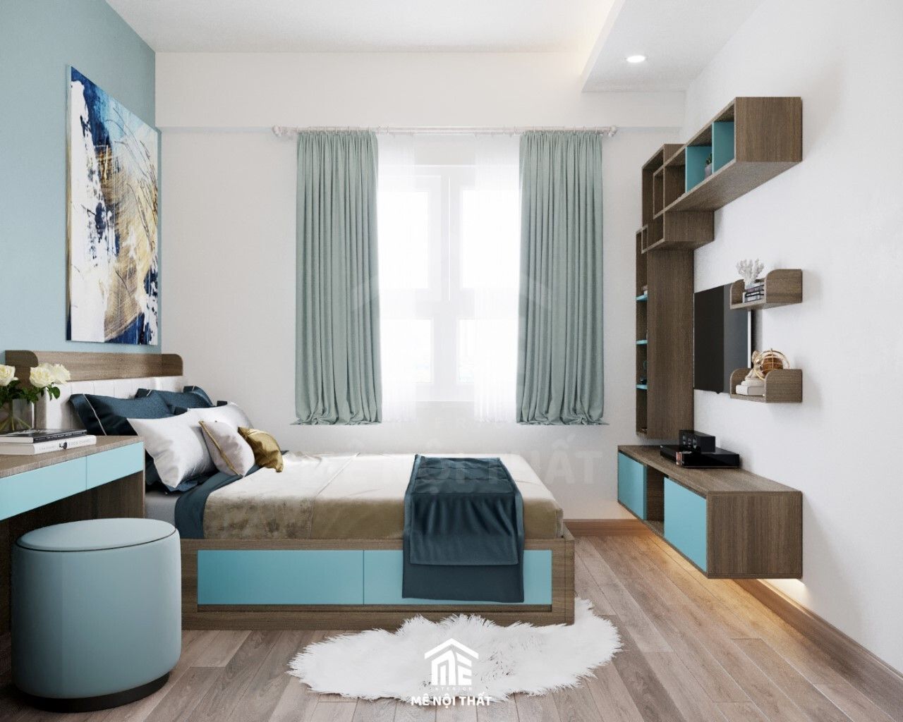Phòng ngủ tông xanh - trắng ấn tượng và độc đáo