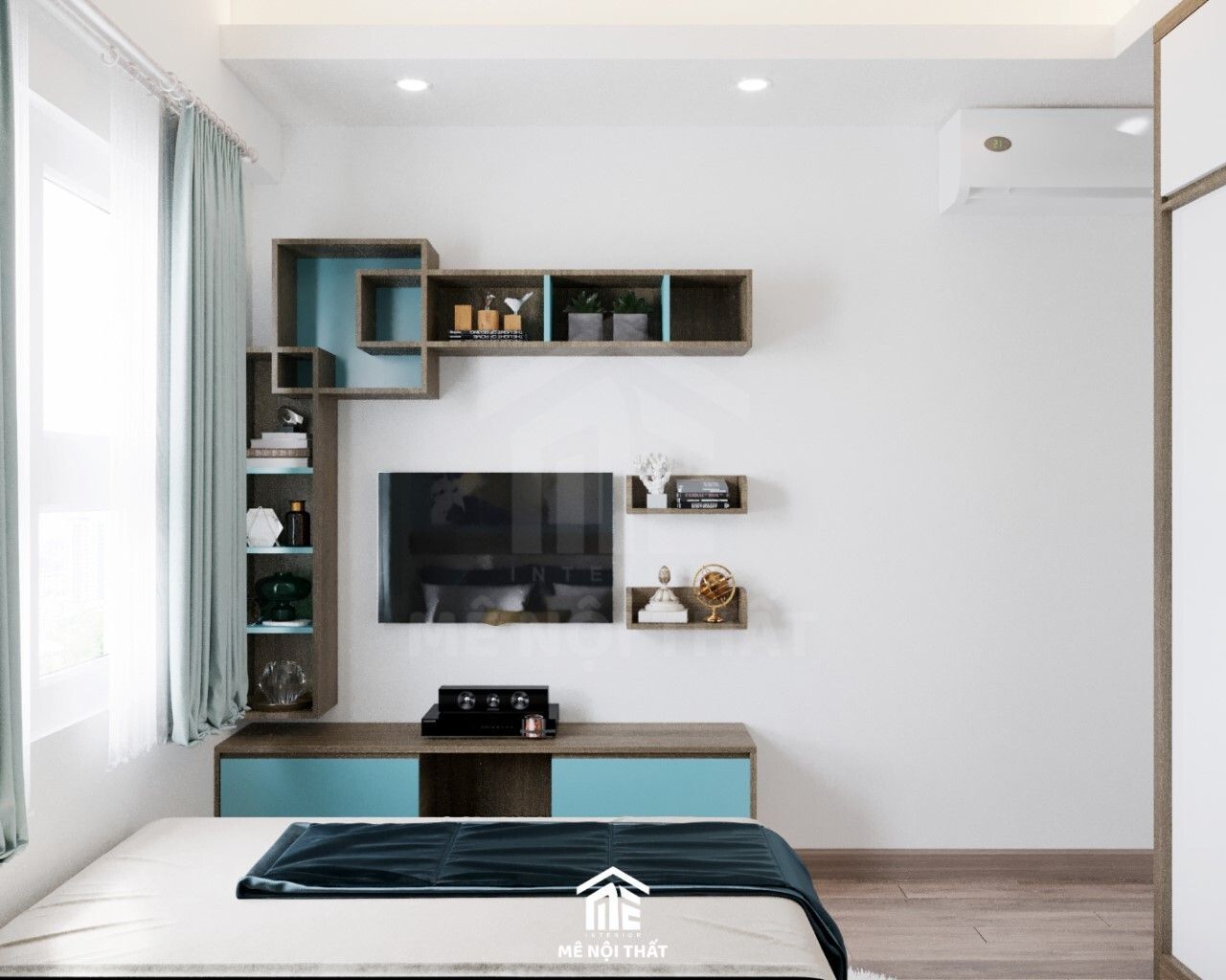Phòng ngủ tông xanh - trắng ấn tượng và độc đáo