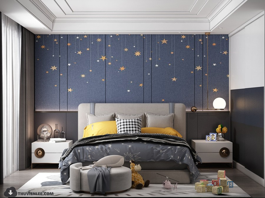 Phòng ngủ bé trai màu xanh dương đậm với họa tiết vũ trụ