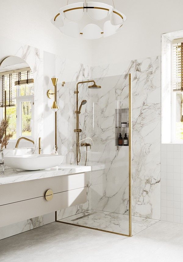 Thiết kế lavabo ốp đá sang trọng, sử dụng vách kính ngăn cách phòng tắm đứng sạch sẽ