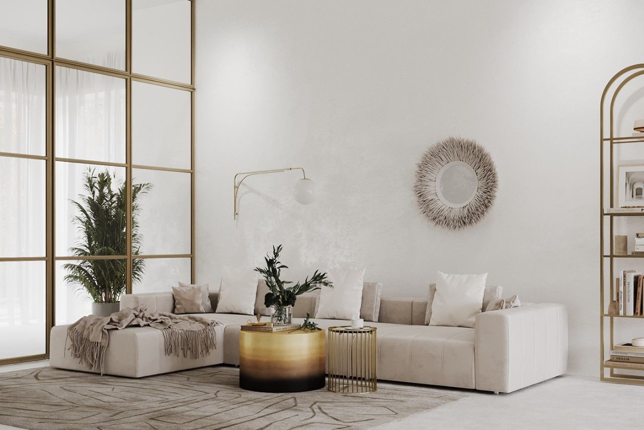 Bộ sofa nỉ trắng chữ L kết hợp cùng bàn trà gỗ dát vàng sang trọng