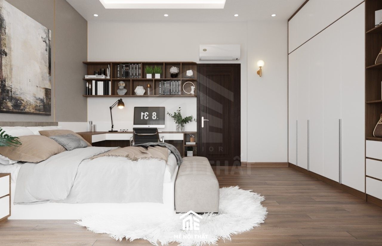 Phòng ngủ sử dụng tông trắng chủ đạo tô điểm thêm màu gỗ trầm taoh điểm nhấn cho không gian