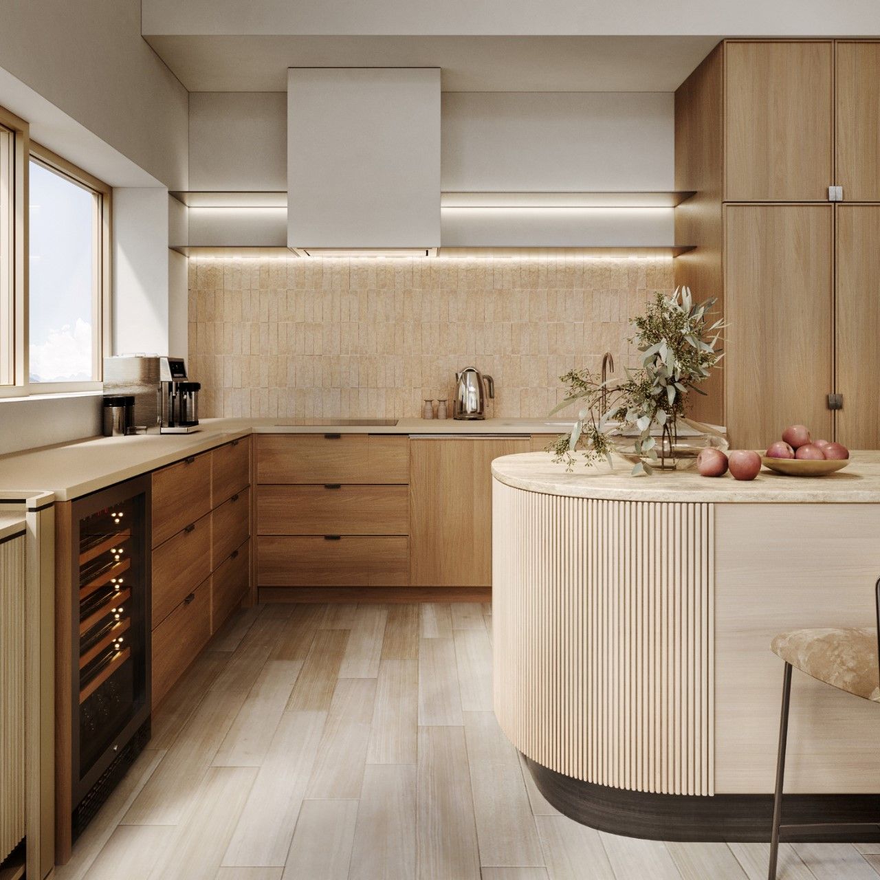Hệ tủ bếp được thiết kế tối giản với tông màu gỗ sáng tích hợp thiết bị bếp thông minh