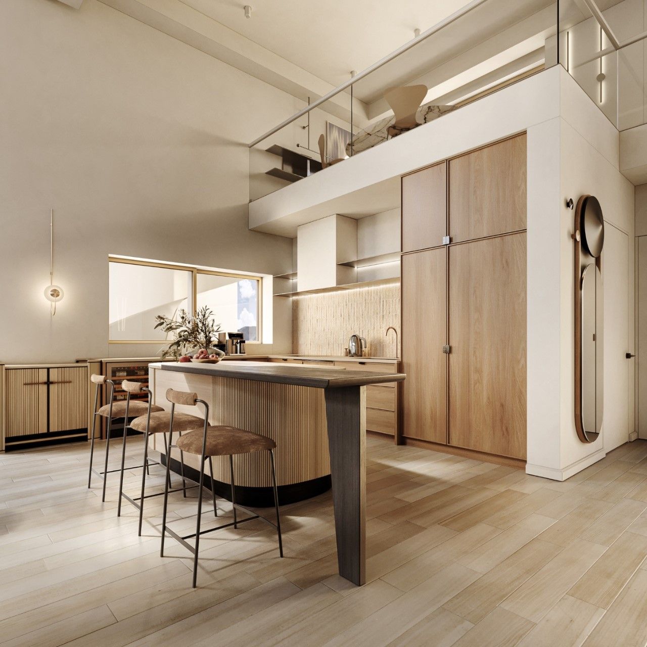 Không gian bếp hiện đại với bàn dảo kết hợp quầy bar sử dụng ghế nhung cao cấp; tủ bếp chú L tông màu gỗ sáng
