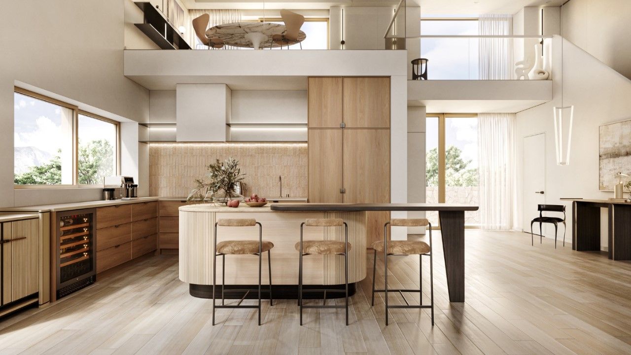 Không gian bếp hiện đại với bàn dảo kết hợp quầy bar sử dụng ghế nhung cao cấp; tủ bếp chú L tông màu gỗ sáng