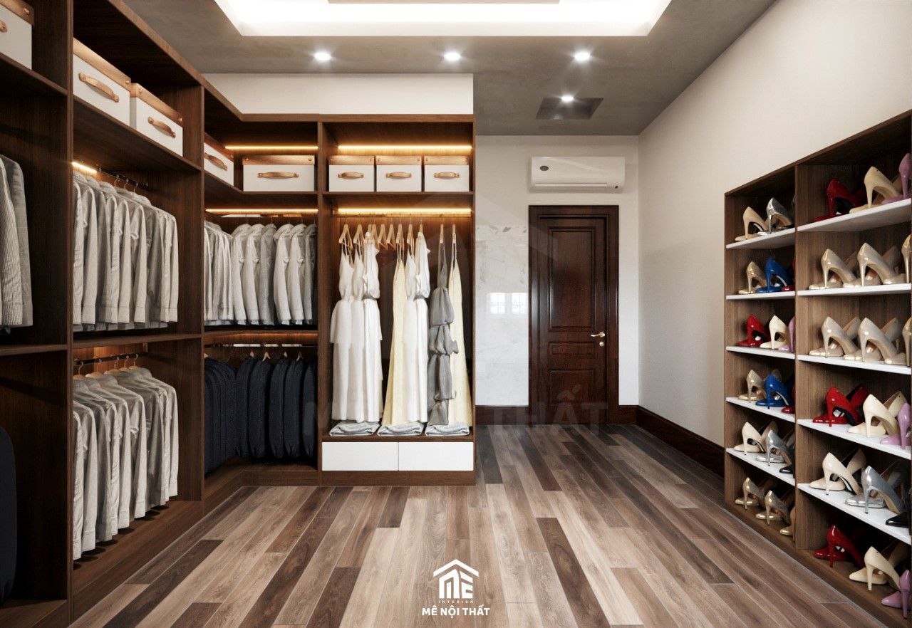 Nội thất phòng thay đồ được thiết kế bằng gỗ công nghiệp ra hệ tủ quần áo không cánh cùng hệ tủ giày nhiều ngăn