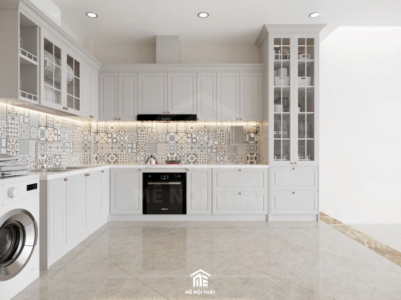 Phòng bếp màu trắng mang phong cách tân cổ điển sử dụng nội thất gỗ kết hợp cánh kính