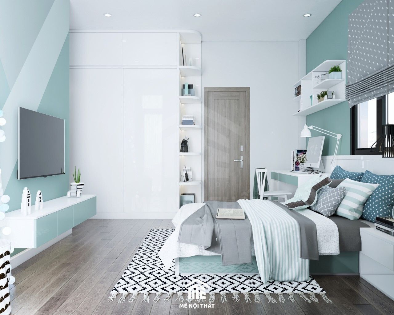 Phòng ngủ tông màu xanh mint, sử dụng kệ tivi treo tường, tủ quần áo cao đụng trần tông trắng