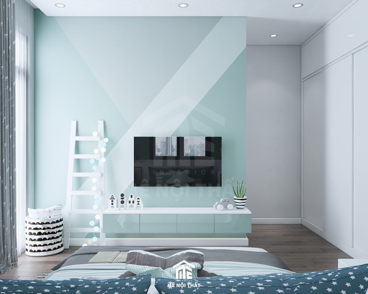 Phòng ngủ tông màu xanh mint, sử dụng kệ tivi treo tường