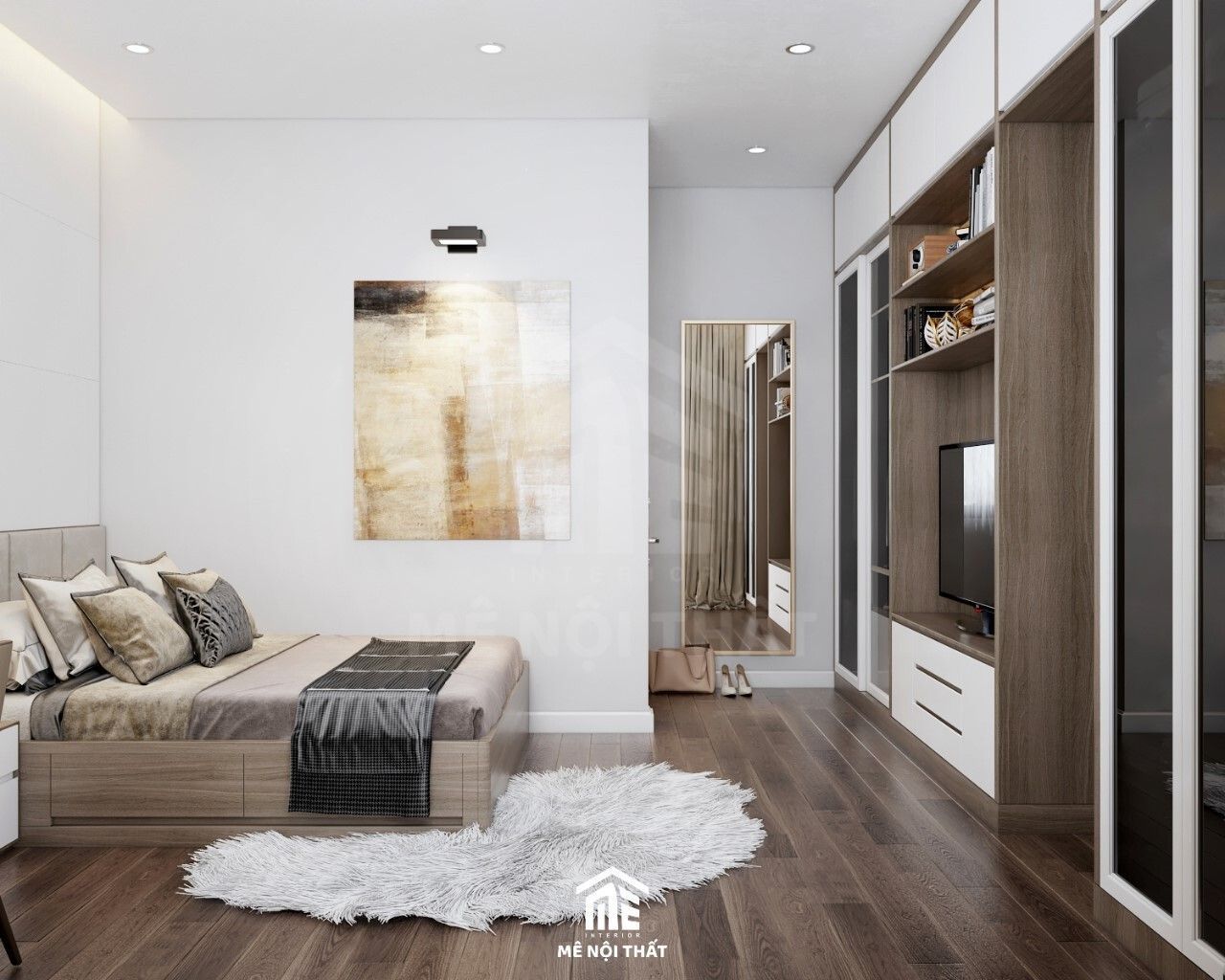 Tổng quan không gian phòng ngủ sử dụng tông màu trắng sử dụng giường ngủ, tủ quần áo gỗ công nghiệp tông nhẹ nhàng hiện đại