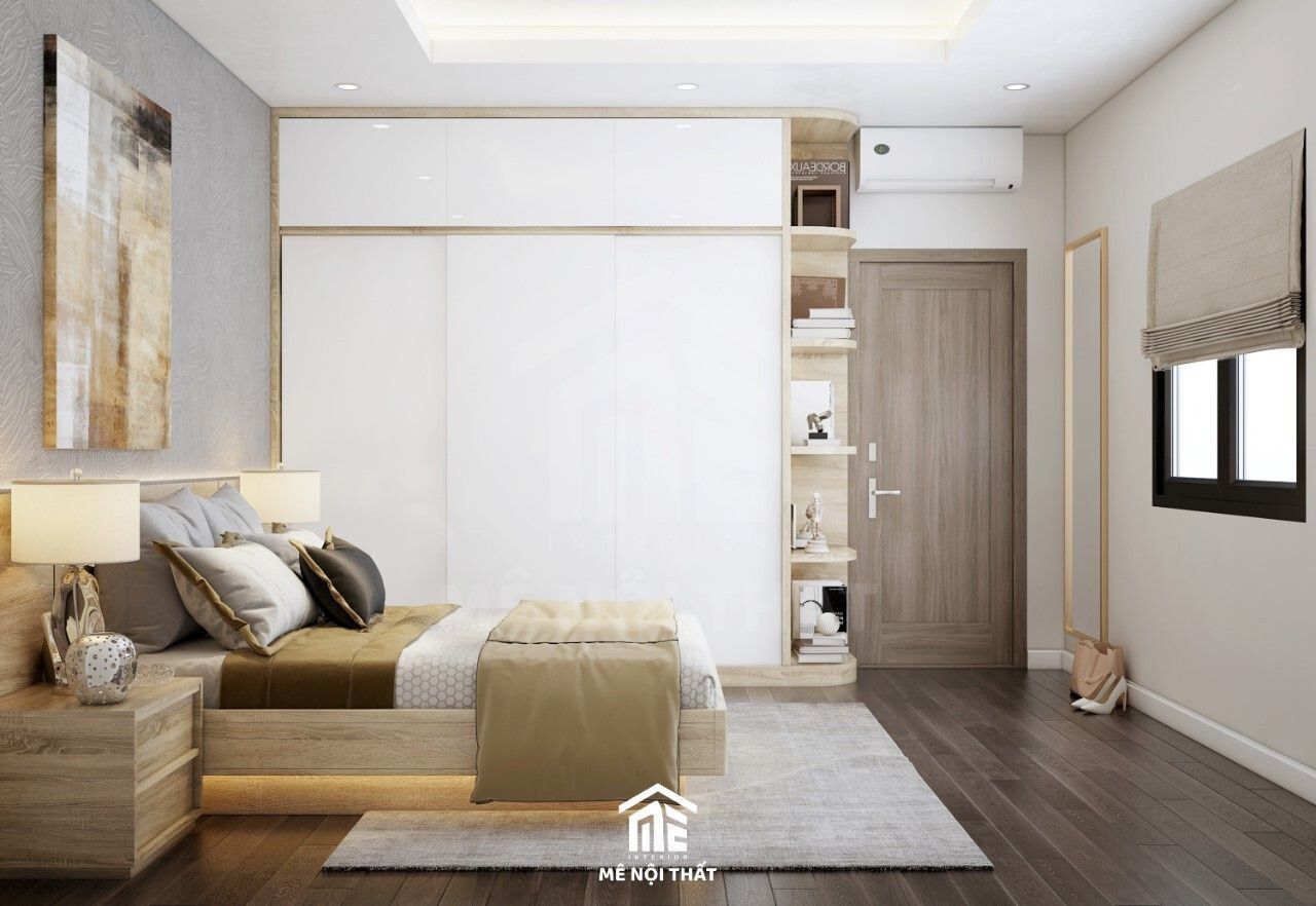 Phòng ngủ tông xám sử dụng nội thất gỗ công nghiệp tông sáng hiện đại