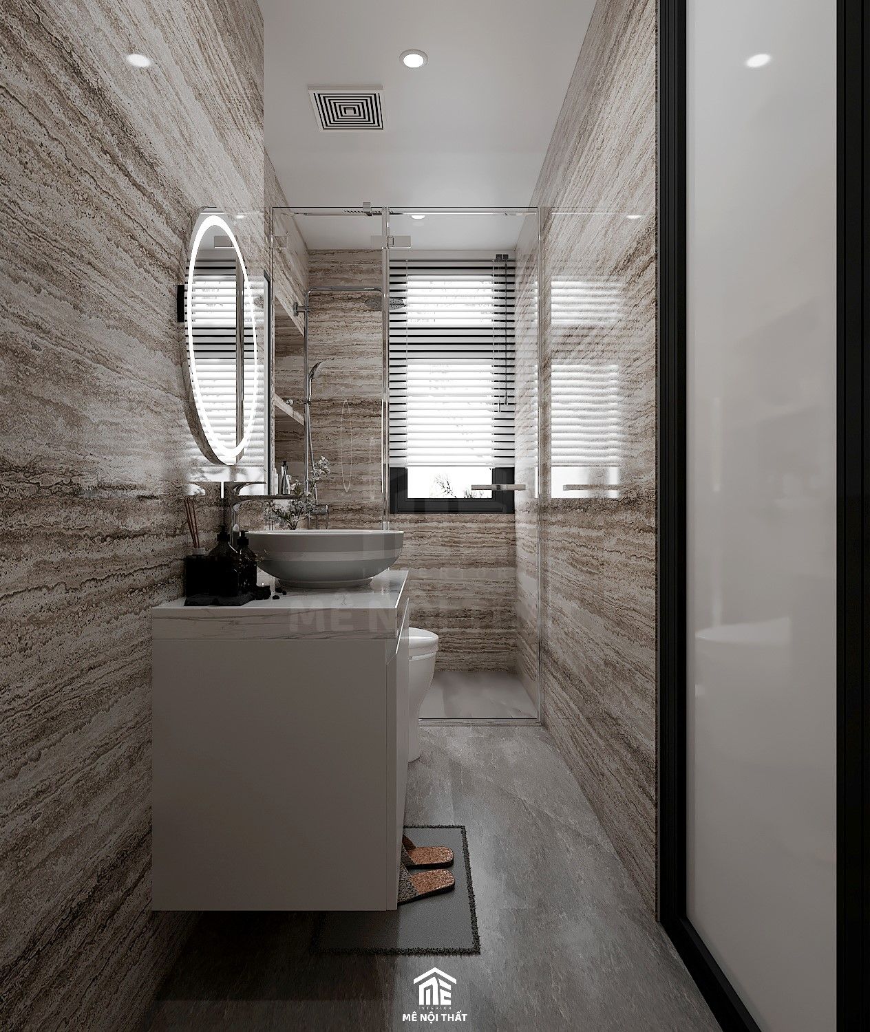 Thiết kế phòng tắm được ốp gạch toàn bộ cùng sử dụng vách kính cho nhà tắm thêm sạch sẽ