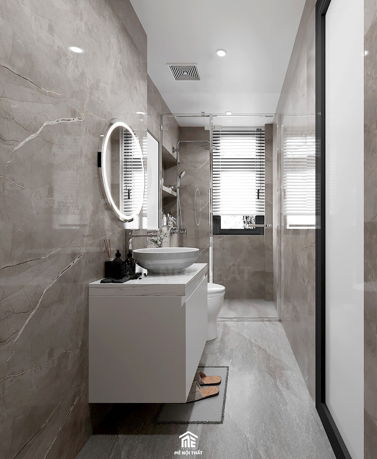 Phòng tắm hẹp ốp gạch toàn bộ và sử dụng vách kính hạn chế ẩm ướt