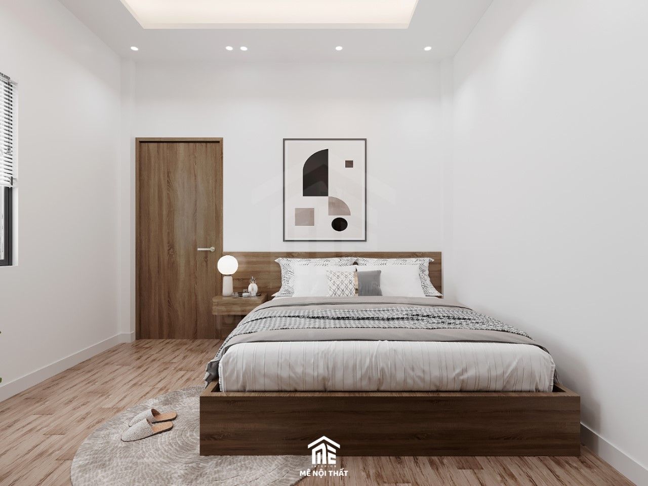 Phòng ngủ hiện đại với tông màu trắng sử dụng nội thất màu gỗ trầm tối giản với giường ngủ