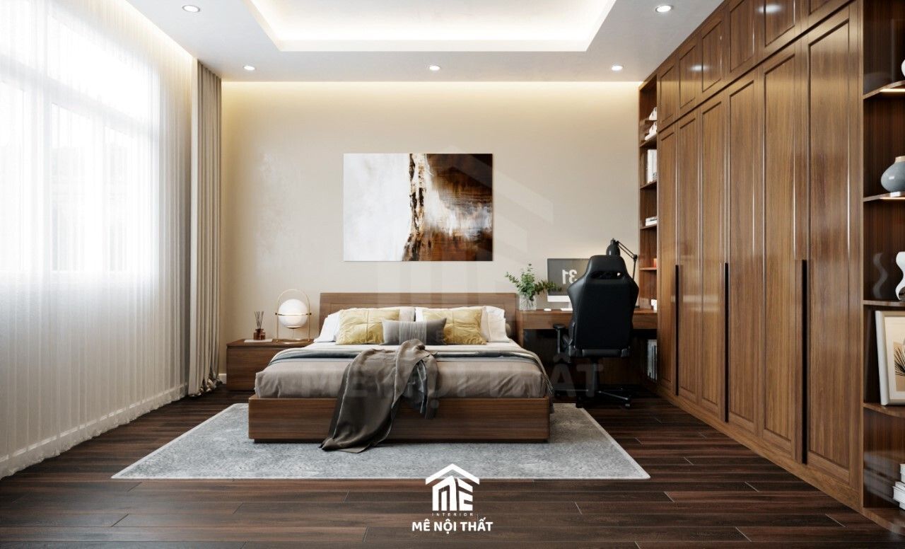 Phòng ngủ tông màu trắng với đầy đủ nội thất gỗ tự nhiên từ giường ngủ, tủ quần áo
