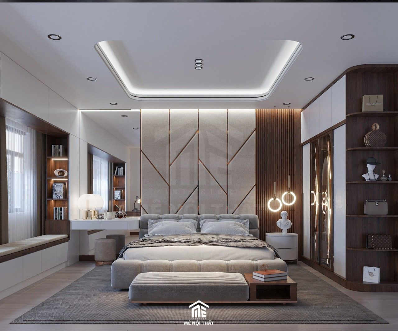 Phòng ngủ master phong cách hiện đại với vách ốp nỉ trắng đầu giường