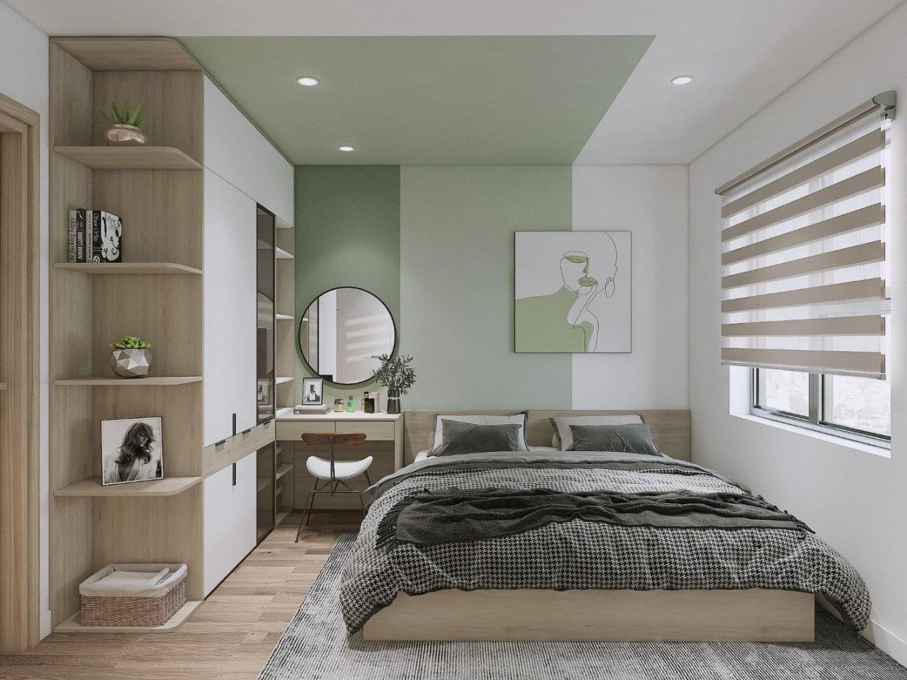 Không gian phòng ngủ tông trắng - xanh kết hợp với các món nội thất từ gỗ MDF