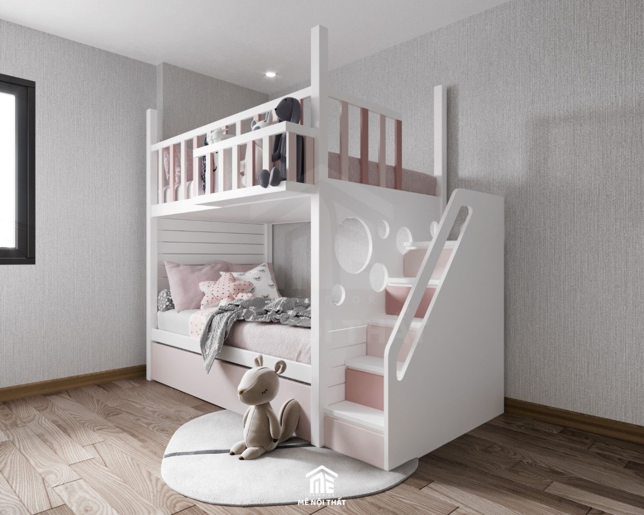 Phòng ngủ bé sử dụng giấy dán tường màu xám bố trí nội thất đầy đủ với giường tầng tông màu hồng