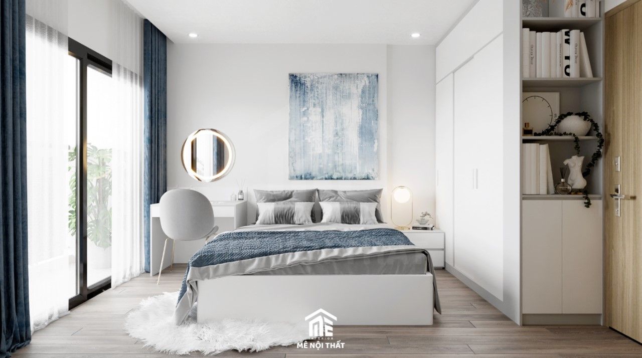 Phòng ngủ màu trắng sử dụng nội thất tông màu xám với giường kệ tivi, kệ trang trí, bàn trang điểm, tủ quần áo kết hợp kệ trang trí