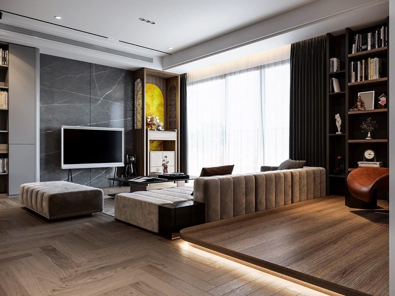 Không gian phòng khách hiện đại và ấn tượng với gam màu nổi bật, thu hút