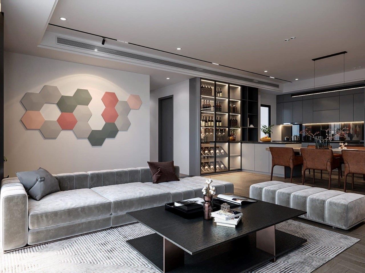 Không gian phòng khách với bộ sofa tông xám đơn giản bắt mắt