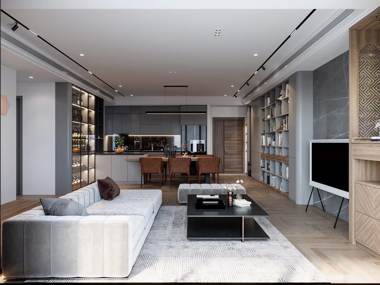 Lối thiết kế liền kề giữa không gian phòng khách, phòng ăn và phòng bếp