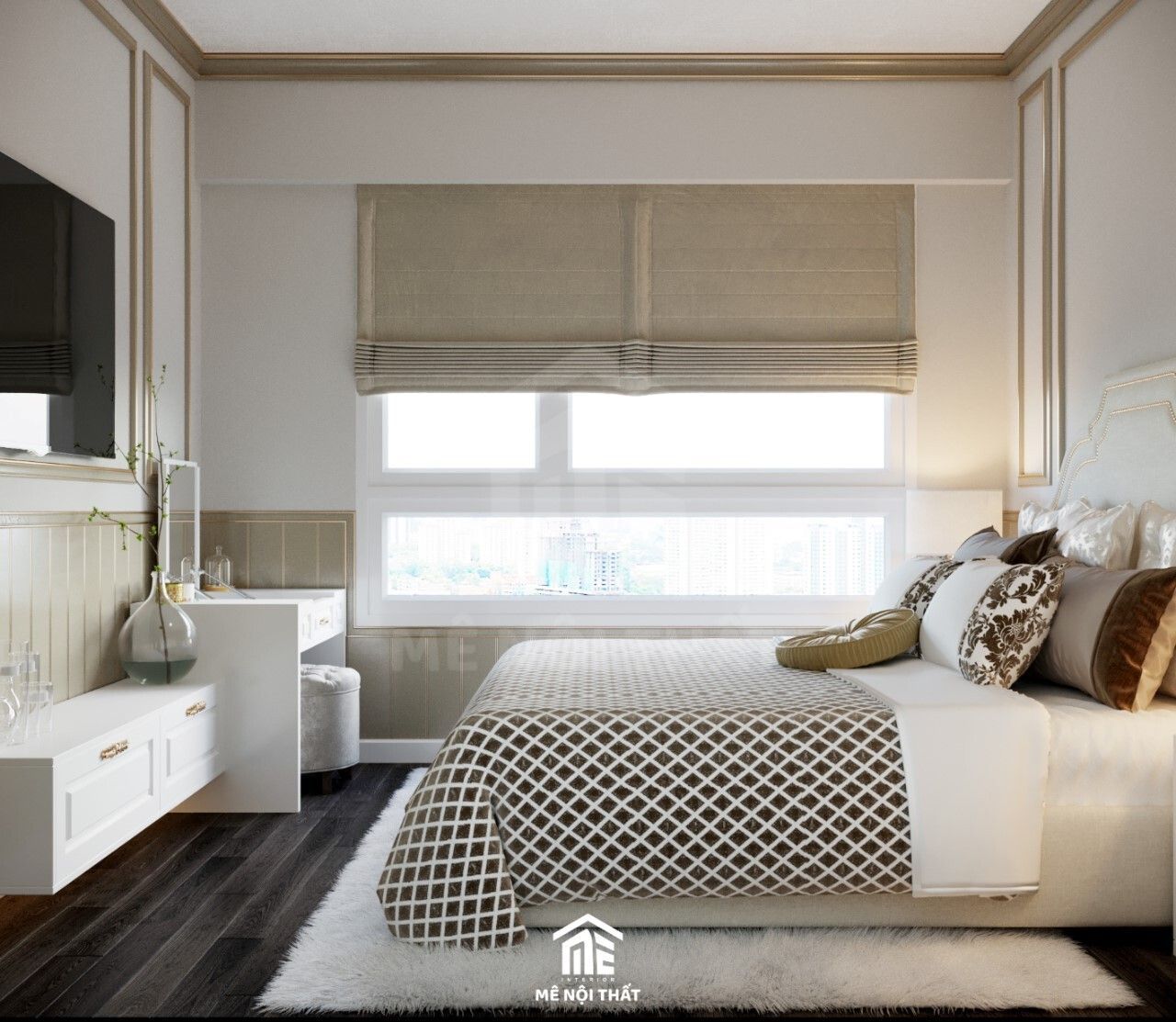Mẫu thiết kế phòng ngủ tông kem - trắng theo phong cách Tân cổ điển