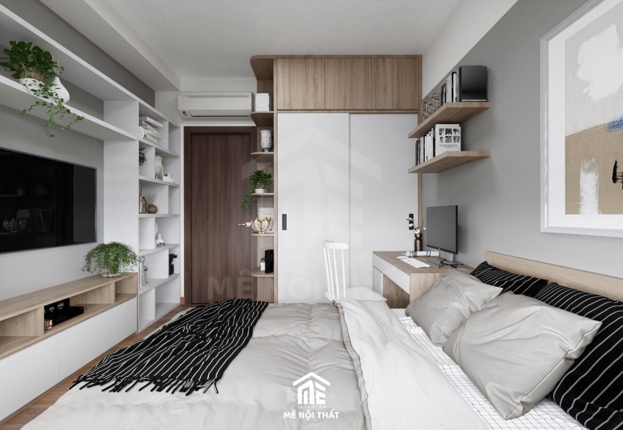 Phòng ngủ sử dụng nhiều kệ tủ trang trí tiện lợi tối ưu không gian lưu trữ