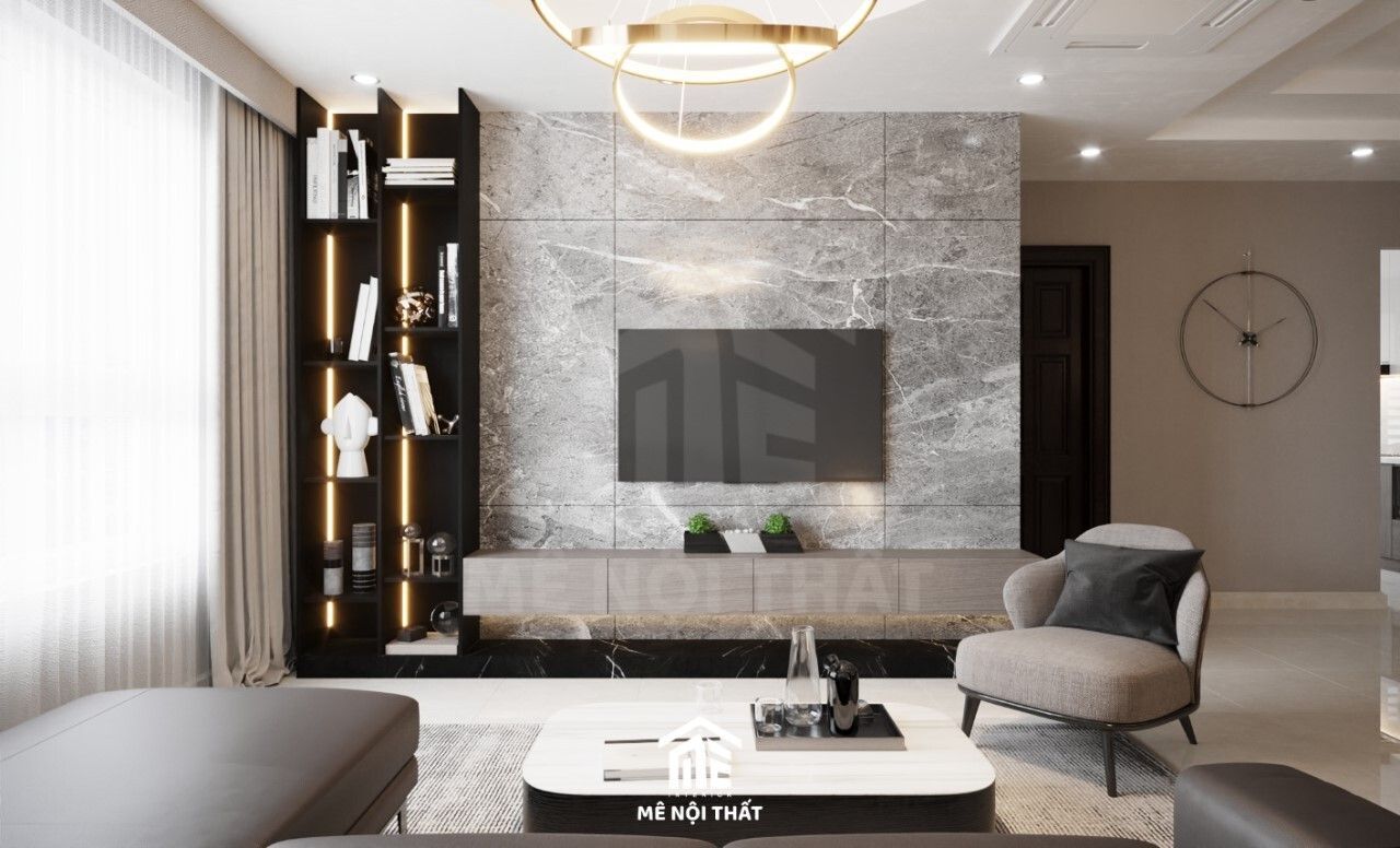 Thiết kế nội thất phòng khách hiện đại với tông xám - trắng bắt mắt