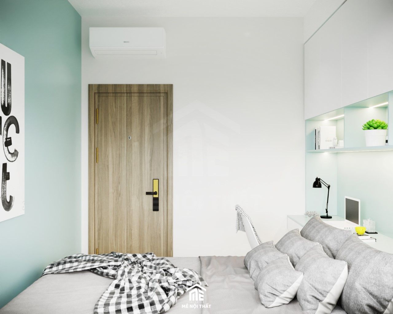 Thiết kế phòng ngủ nhỏ tông xanh mint - trắng nhẹ nhàng, đơn giản