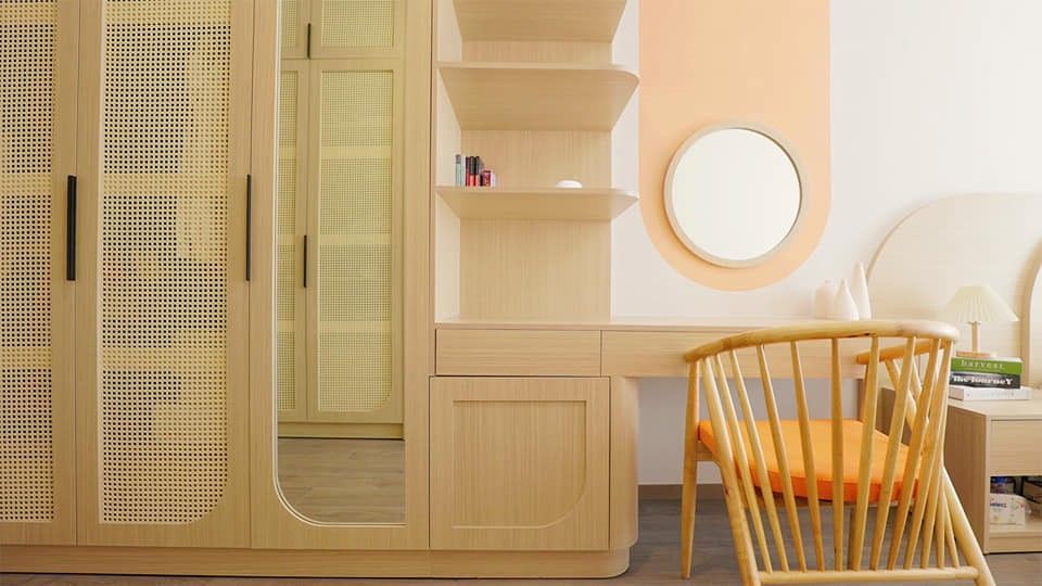 Phòng ngủ gỗ công nghiệp kết hợp sử dụng mắt cáo độc đáo