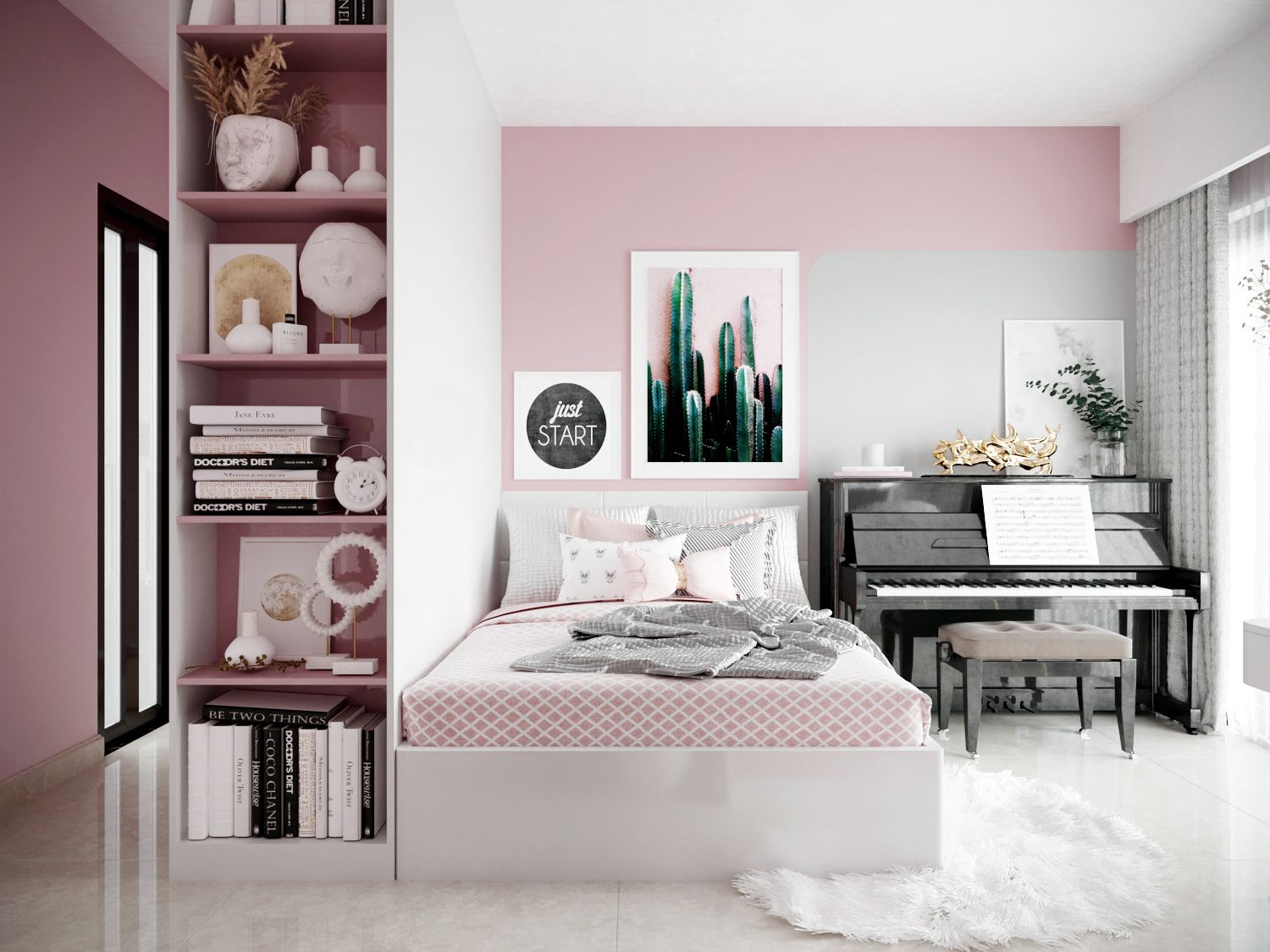Phòng ngủ màu hồng đẹp mắt và nữ tính